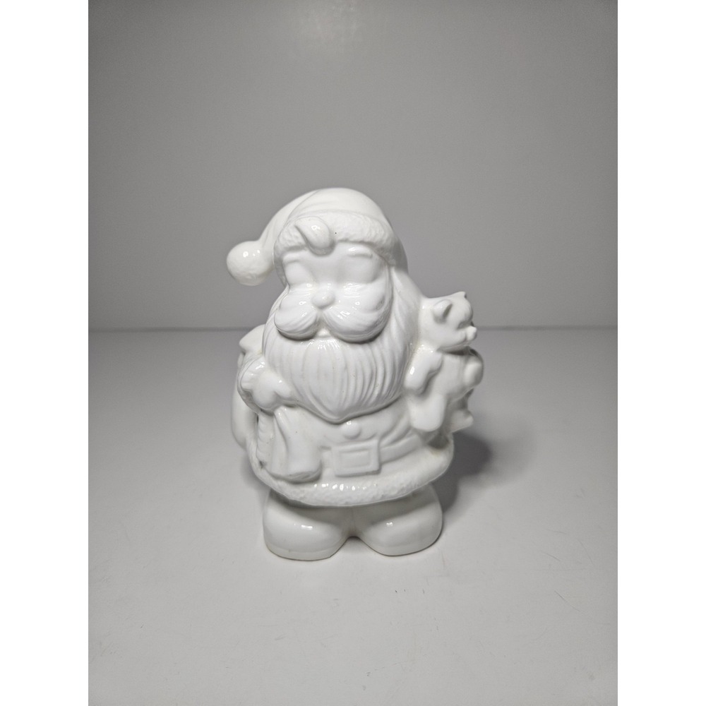 White Bone China Santa Figurine Glossy Glaze Christmas Decor Toy Bag 6" Vintage